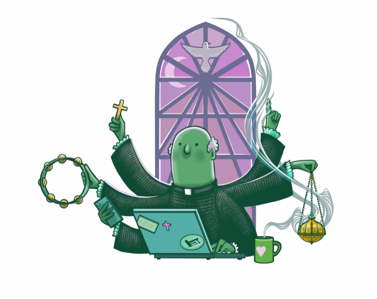 Illustratie van pastoor, hevig in de weer met een kruisbeeld, tamboerijn, laptop, telefoon, wierook en een preek