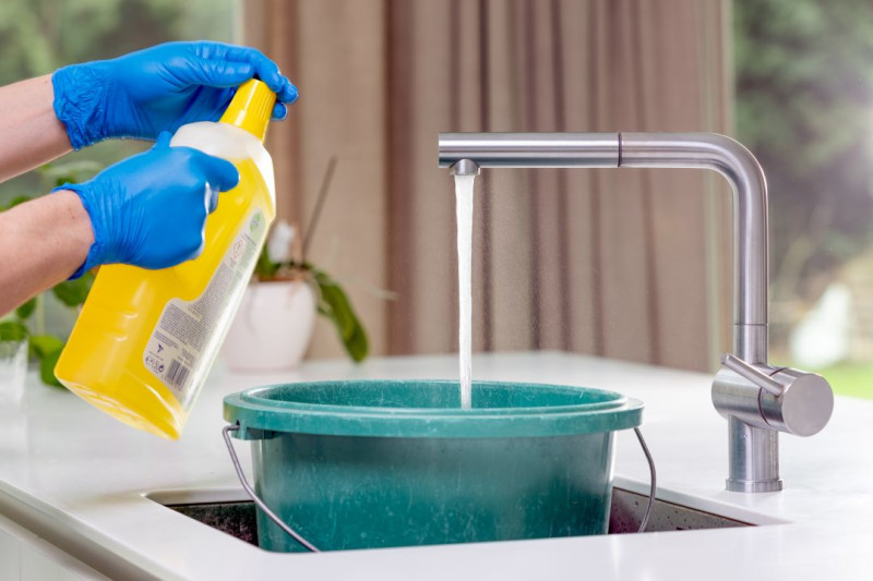 Een persoon met handschoenen vult een emmer met water en schoonmaakmiddel.