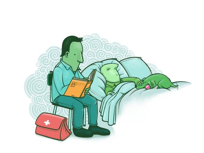 Dokter zit naast zieke patiënt in bed en leest een boek