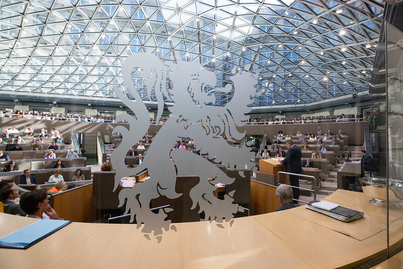 Vlaamse leeuw op raam in Vlaams Parlement