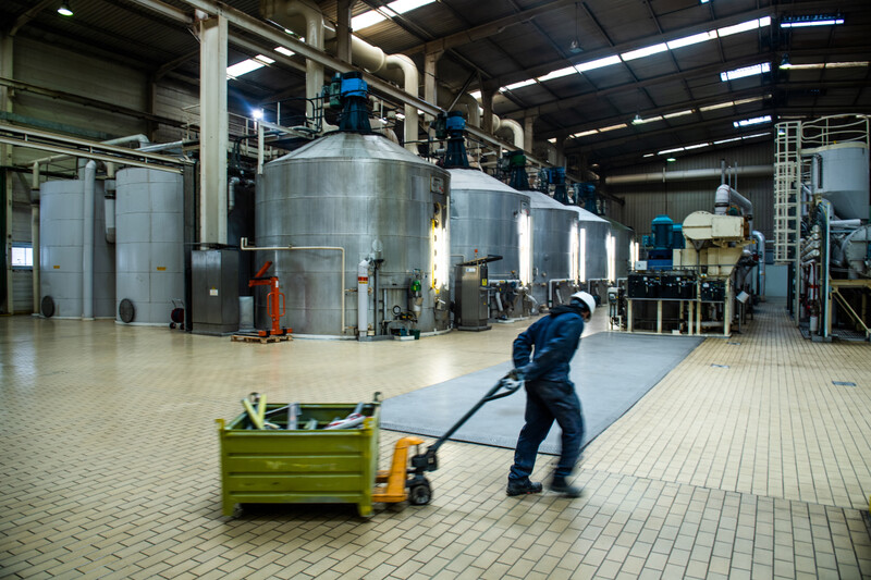 Arbeider sleept palet voort in fabriek Tiense Suikerraffinaderij