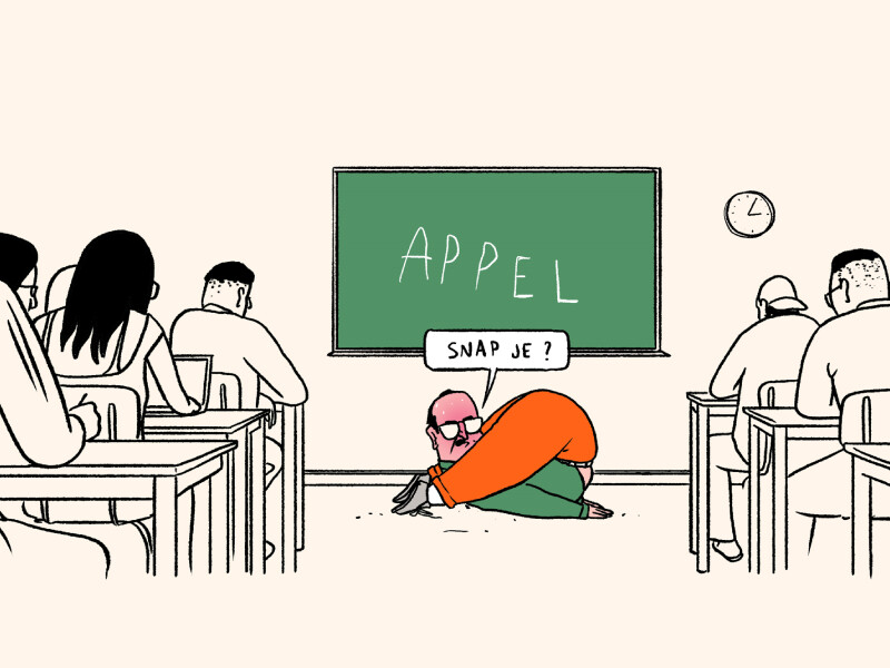 Cartoon OKAN-leerkracht die plastisch uitleg geeft