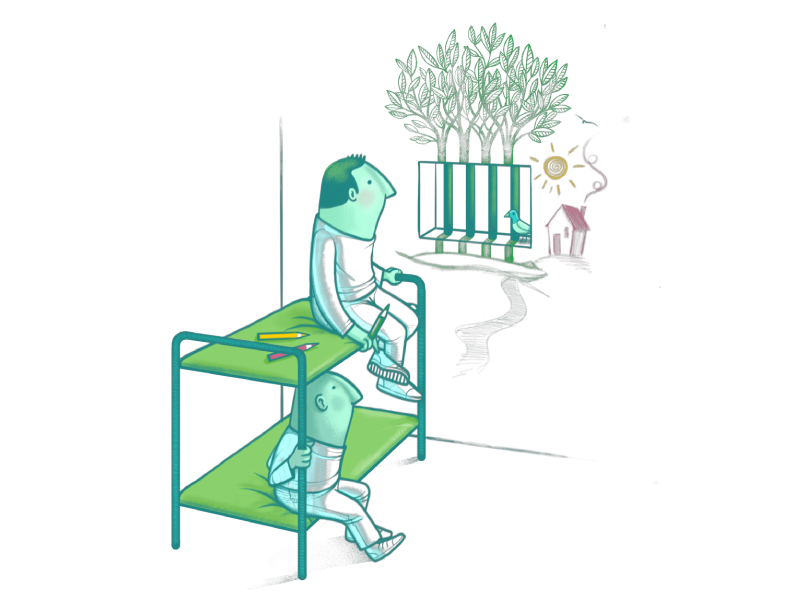 Tekening van twee gevangenen die uit het raam kijken.