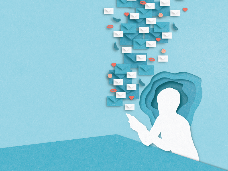 Illustratie van iemand die berichtjes ontvangt en verzend