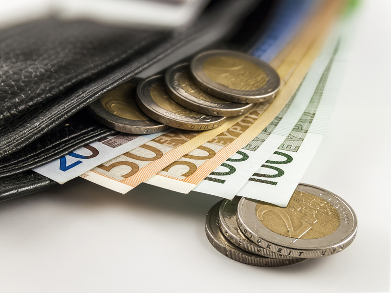 Eurobiljetten en munten in portefeuille
