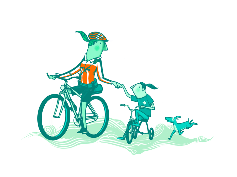 Illustratie van agente op fiets die een vuistje geeft aan een meisje met haar hond.