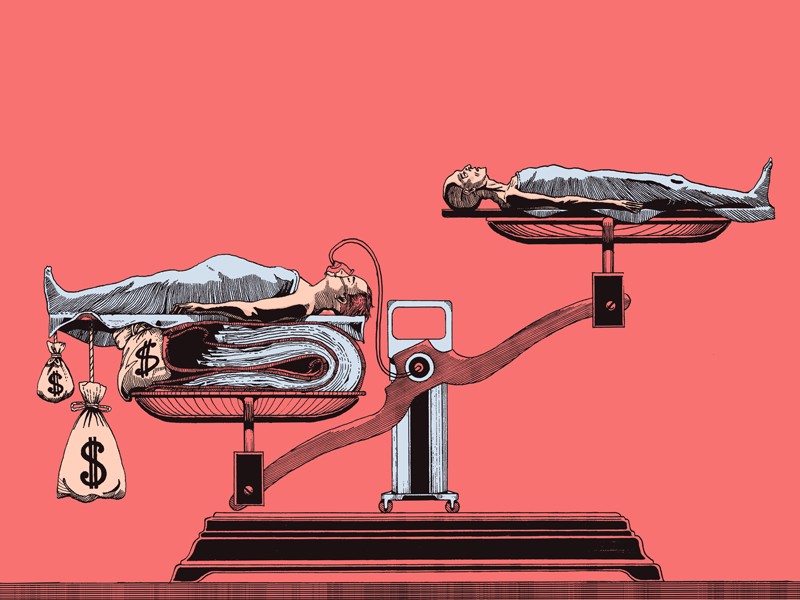 Illustratie van rijke persoon en arme persoon op weegschaal 
