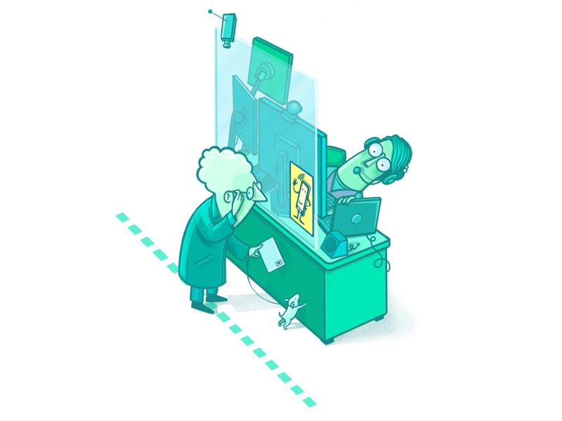 Illustratie van vrouw die aan een bankloket staat