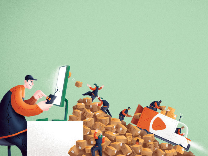 Pakjes die uit computer komen nadat iemand ze besteld