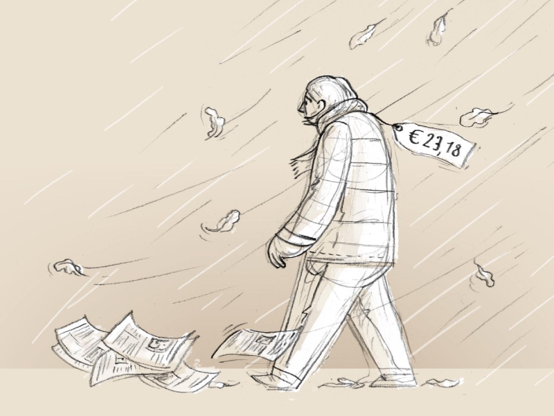 Een illustraties van een wandelend persoon met een prijskaartje aan de jas.