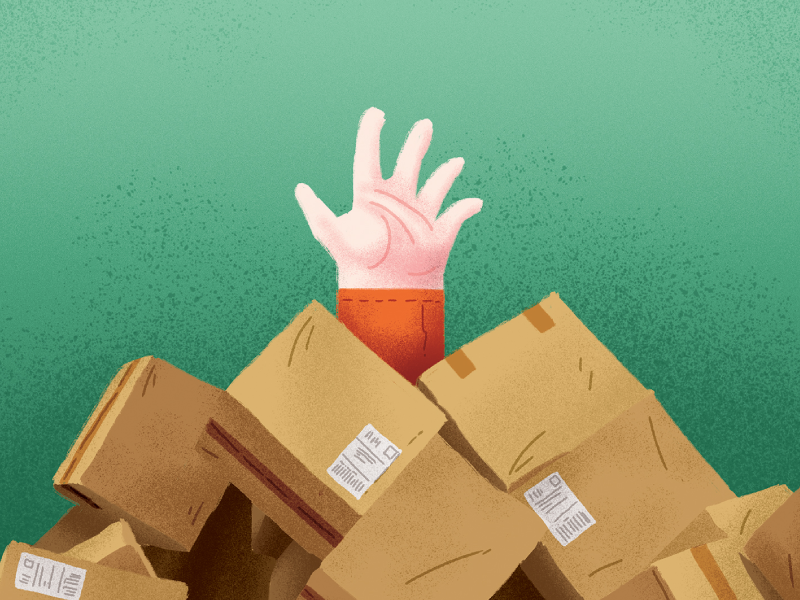 Een hand die uit een stapel pakjes reikt