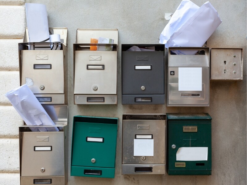 Brievenbussen die uitpuilen met facturen en post