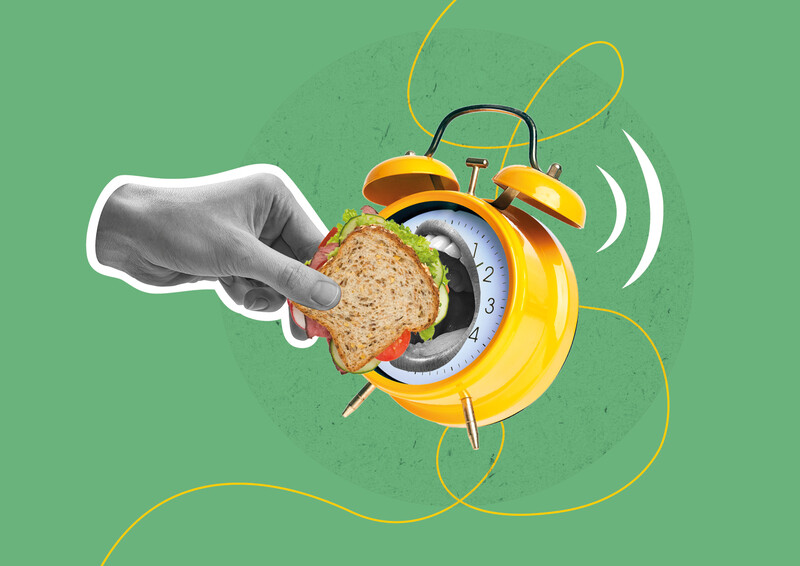 Illustratie van een wekker die boterham wilt opeten, als verwijzing naar schafttijd