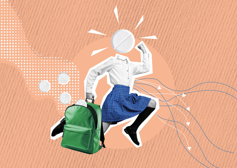illustratie van schoolkind met rugzak vol rilatine medicatie